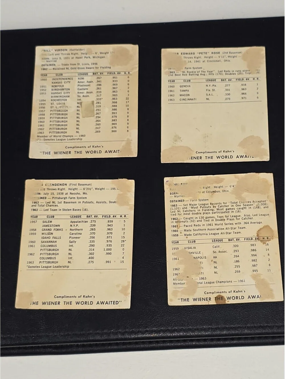1964 Kahn's Weiners Pete Rose Rookie + Bill Virdon & More Card lot - WORN